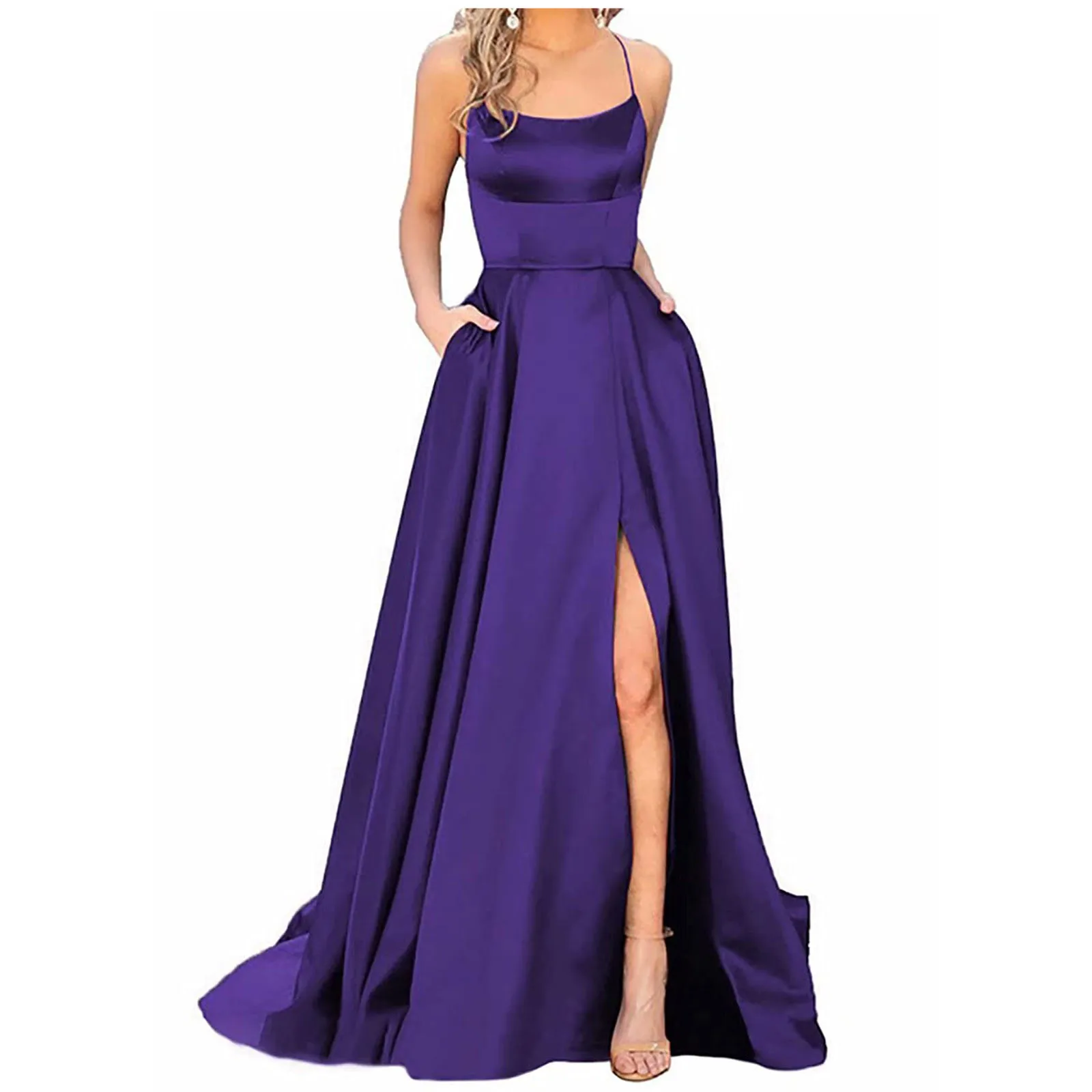 

Elegant Party Dress for Women Luxury Faux Silk Satin Long Dresses Solid Color Spaghetti Strap Backless Side Split Prom Gowns