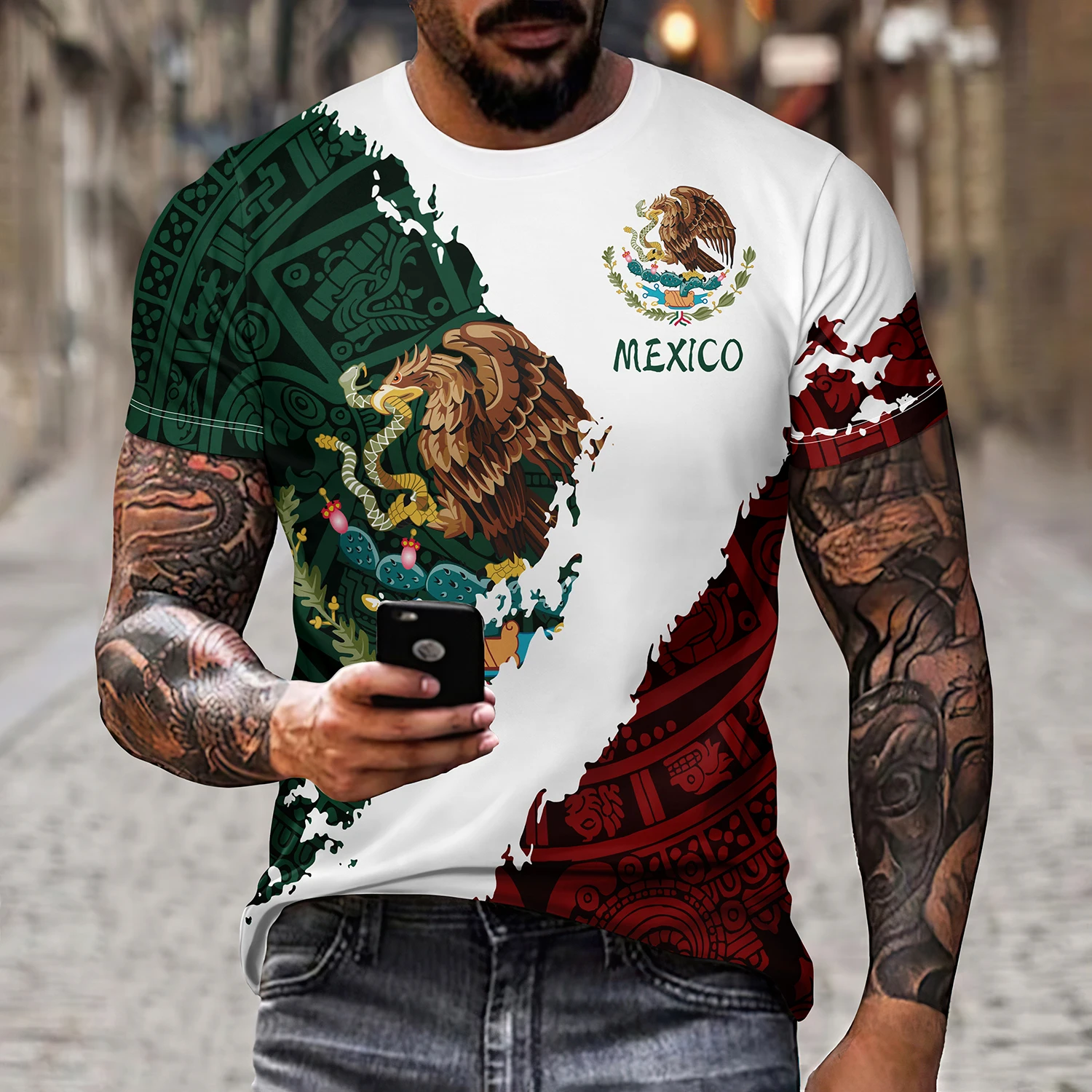 Mexican Flag Pattern T-shirt Summer Casual Pullover Men\'s Fashion Loose T-shirt Short Sleeve Top