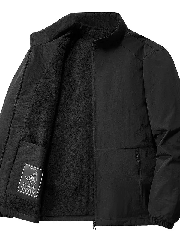 

Мужская теплая куртка свободного кроя с воротником-стойкой на флисовой подкладке, повседневное хлопковое пальто, верхняя одежда, черное, большие размеры, молодежная модная модель