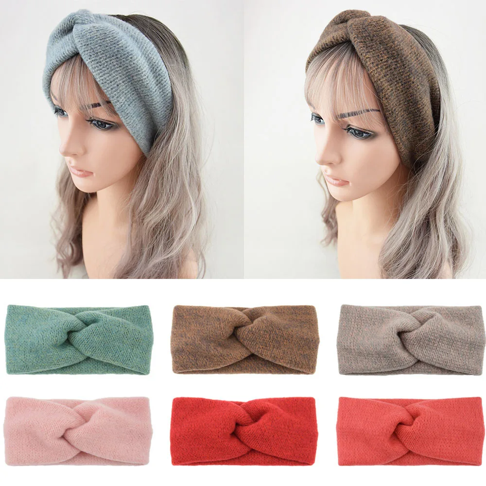 New Cashmere Cross Wide Headbands for Women Winter Warmer Knitting Elastic Hair Band Turban Solid Bandana Scarf Hair Accessories