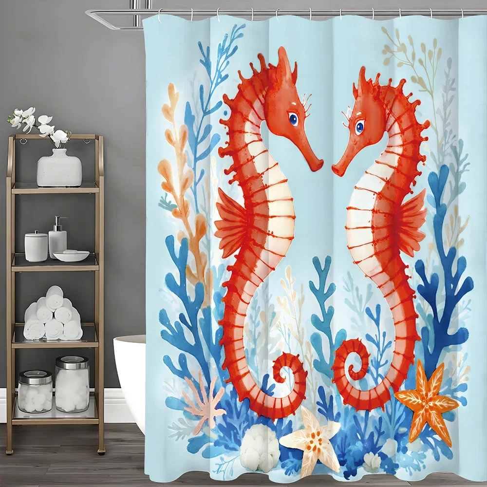 

Cartoon Seahorse Seaweed Starfish Shell Shower Curtain, Bathroom Decorative Shower Curtain, Waterproof Shower Curtain with Hooks