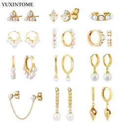 925 sterling silver ear Needle metal Hoop Pearl Pendant gold earrings For Women Shell Summer Vacation Style Fashion Jewelry gift