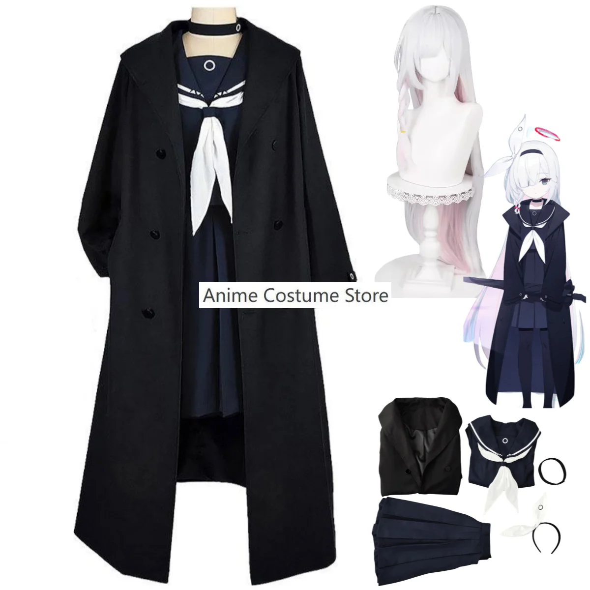 Anime Game Blue Archive Planetarium Cosplay Costume Wig Black Trench Coat JK Uniform Skirt Woman Sexy Kawaii Party Sailor Suit