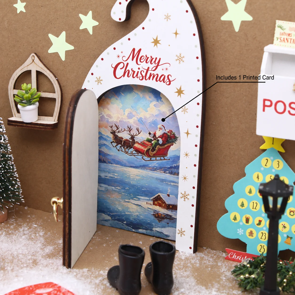 1:12 Dollhouse Miniature Christmas Decoration Set Santa Elf Door Tree Reindeer Sled Fence Accessories for DIY Holiday Scene Deco