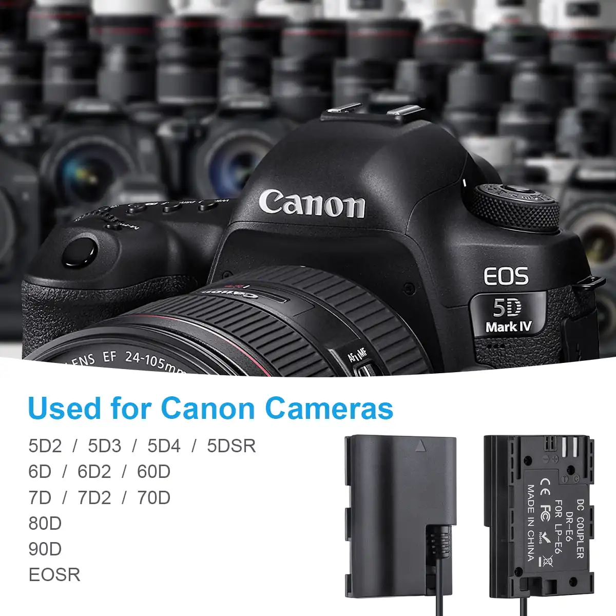 بطارية FOMITO LPE6 DR-E6 الدمية إلى D-tap لبطارية V-Mount BP Canon EOS 5DS 5DSR 5D Mark II III IV 60D، 60Da 70D 7D 80D