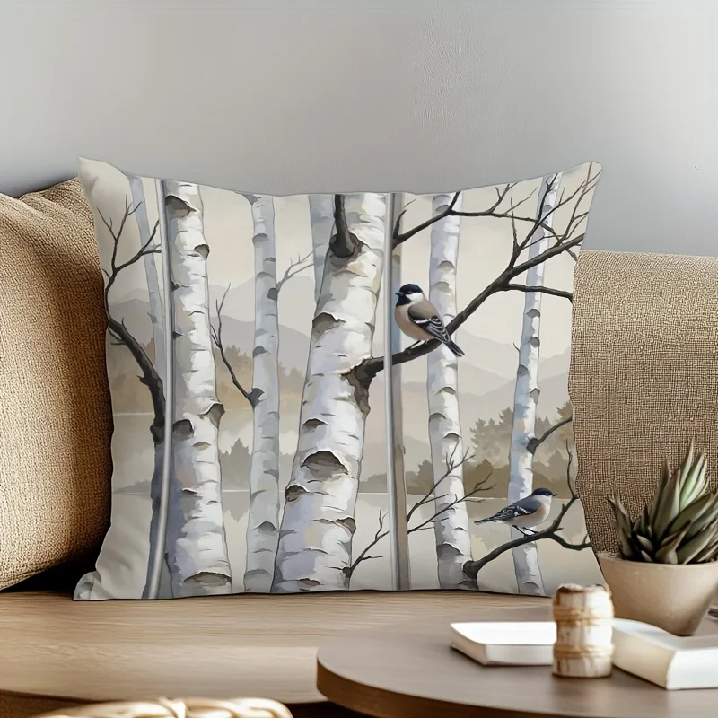 

A pillowcase with birch and bird prints, suitable for sofa, living room and bedroom decoration (without filling material)