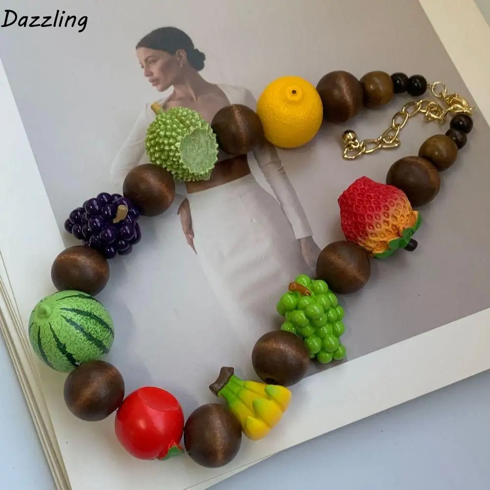 

Handmade Fresh Fruit Necklace Korean Style Minority Design Wooden Bead Necklace Eye-catching Jewelry Accessories