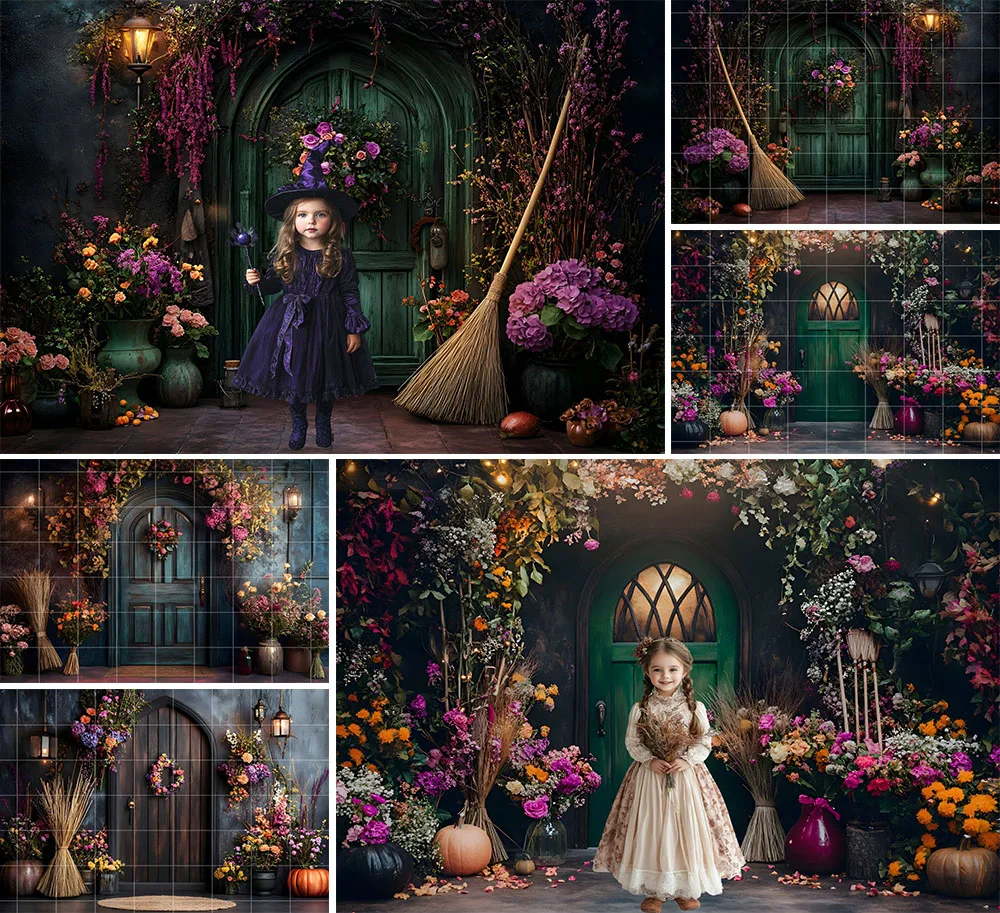 Mehofond Photography Background Halloween Pumpkin Witch Wood Door Flower Kid Birthday Party Portrait Decor Backdrop Photo Studio