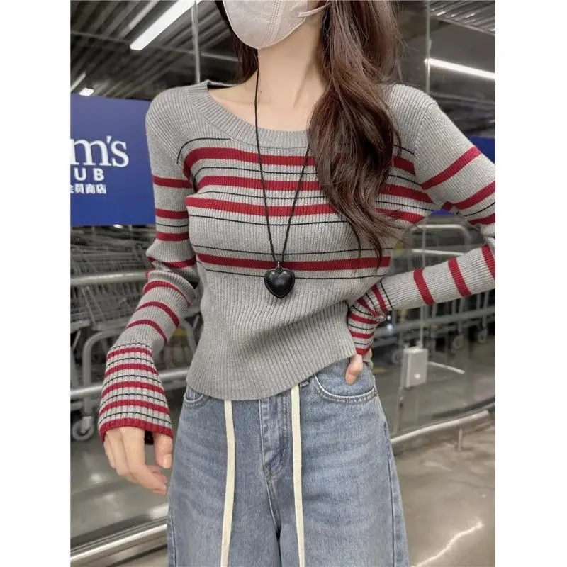 Women Striped Crew Neck Knit Sweater Autumn New Niche Design Cropped Long‑sleeve Layering Pullover Top