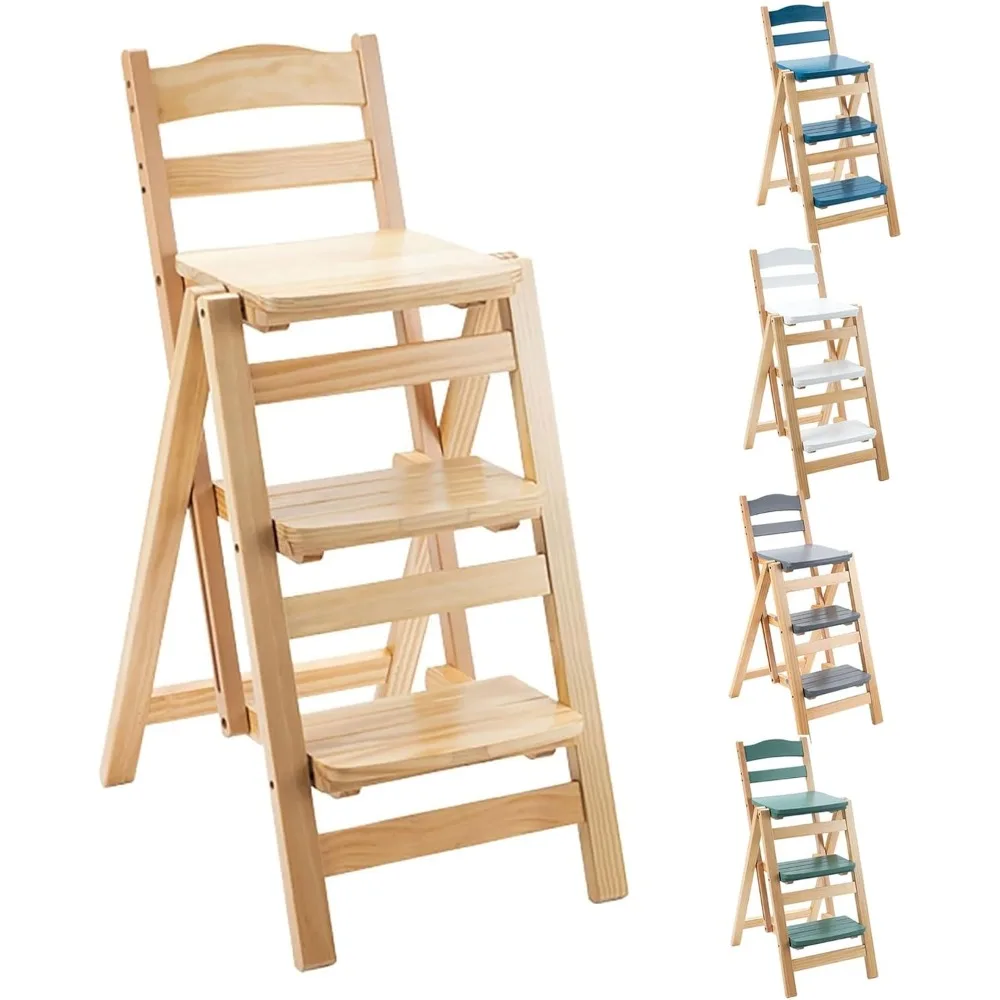 

Solid Wood Folding Bar Stool, Height Foldable Bar Stool 3 Step Ladder Folding Step Stool Multifunction Indoor Ladder Stool for H