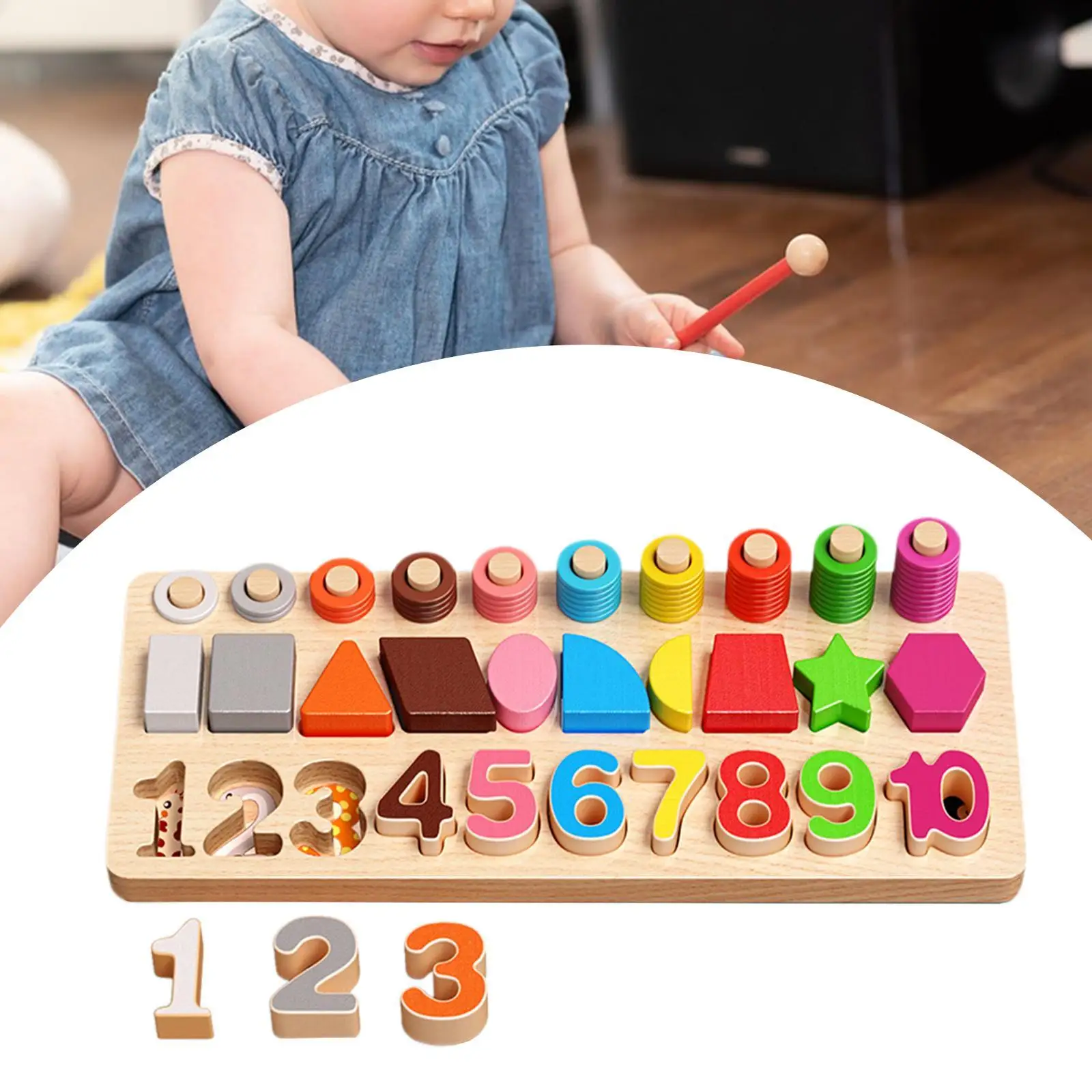 Number Board Math Shape Blocks Hand Eye Coordination Color Shape Sorting Matching Wooden Puzzle Toy for Kids 3 4 5 Years Old