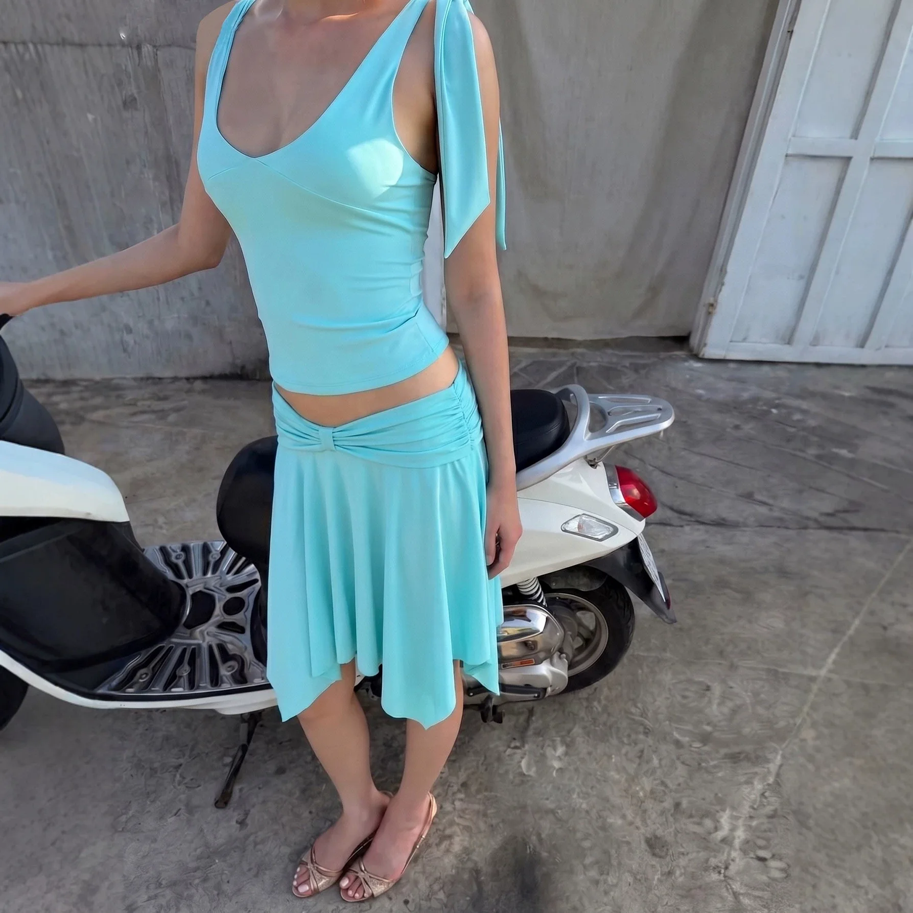 Mint Green U Neck Tie Cami Midi Skirt Set Stretch Fitted Crop Top Twist Irregular Skirt Two Piece Outfit image 4
