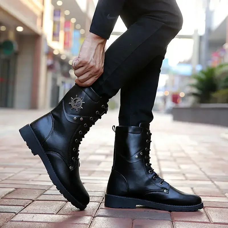 Black High Cut Man Shoes Leather Waterproof Casual Vintage Boots for Men Offer Hot Selling Size 45 Cheap Low Price Classic Sale