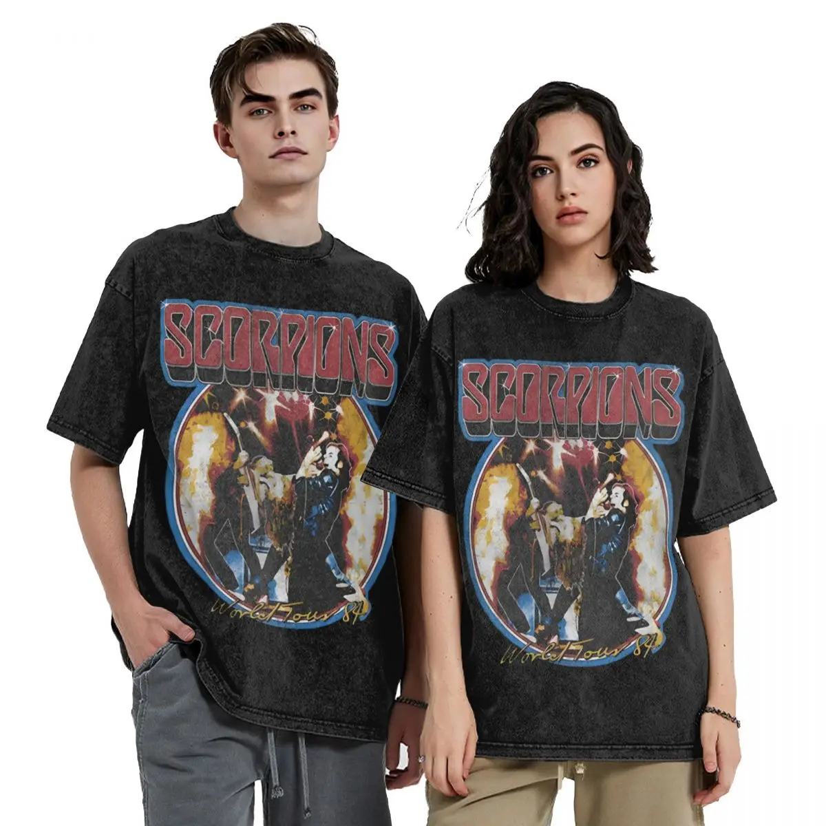 Scorpions Metal Rock Band Washed T Shirts Streetwear Hip Hop Novelty T-Shirt Tees Tops Men Women Cotton High Street