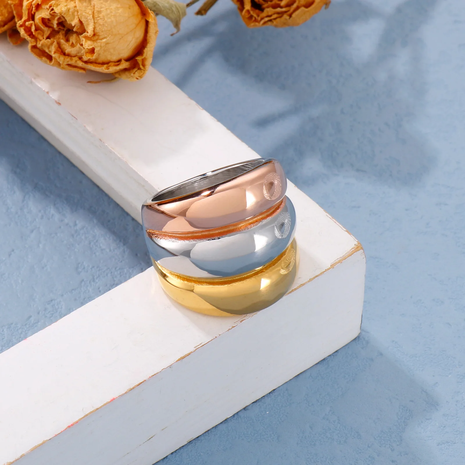 Kalen Stainless Steel 3 Color Rings Women Fashion Jewelry Golden Silver color Rose Golden Unique Cocktail Party Ring