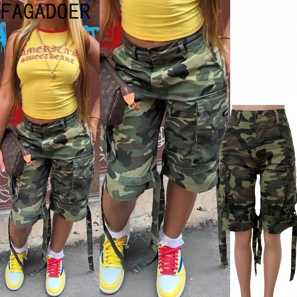 

FAGADOER Fashion Camouflage Printting Bodycon Pants Woman High Waist Pocket Patchwork Pants Female Streetwear Bottoms 2025 New