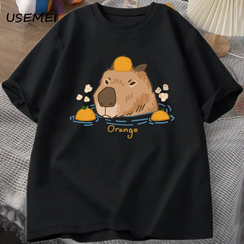 Capybara Swimming with Oranges T-shirts Oversize T Shirt Unisex Cotton Shrot Sleeve Cartoon Animal Tshirt Round Neck Top Clothes