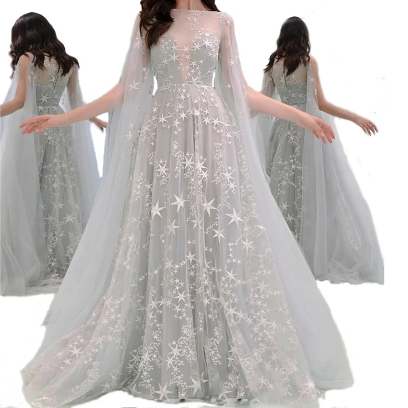 สีเทาElegant Maxiชุดราตรี 2021 ผู้หญิงStarตาข่ายTulleชั้นความยาวRobe Fairyเจ้าสาวงานแต่งงานชุดราตรีVestidoหญิง