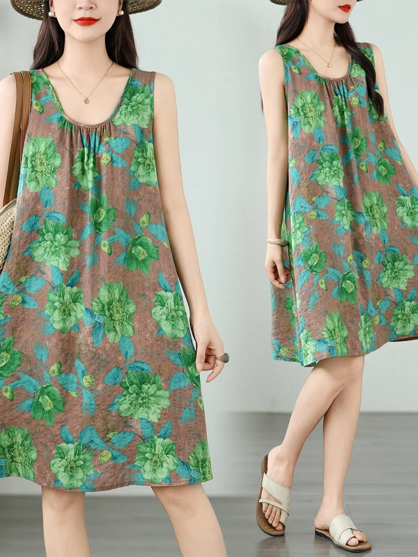 

Summer Large Size Loose round Ne Cotton Linen Svel A-Line Dr Floral Print Commute Sle Korean Version Mid-Length