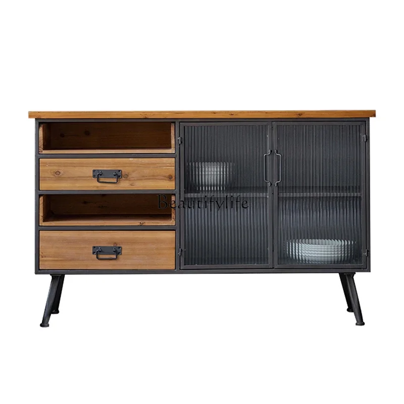 

LAmerican industrial style locker, living room against the wall wrought iron Changhong glass solid wood storage cabinet