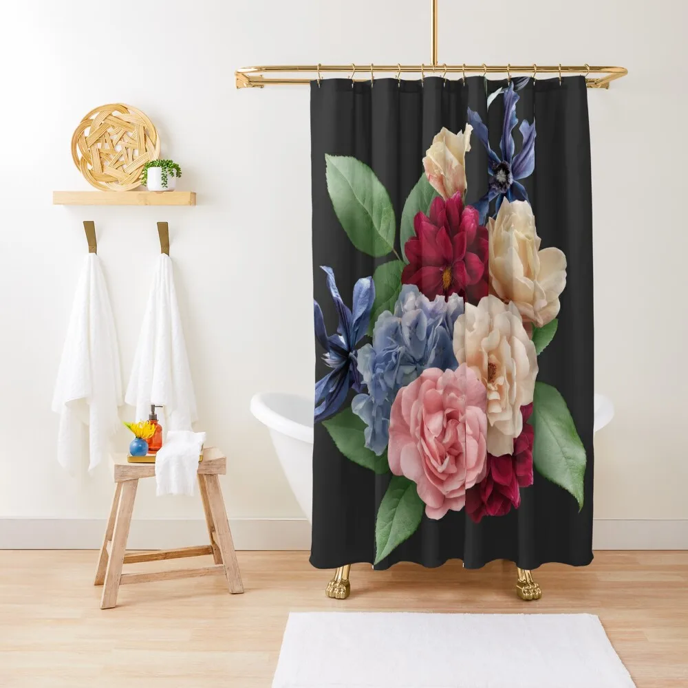 

Bouquet of pink and white roses, red dahlia, blue hydrangea and clematis. Shower Curtain Waterproof Shower And Anti-Mold Curtain