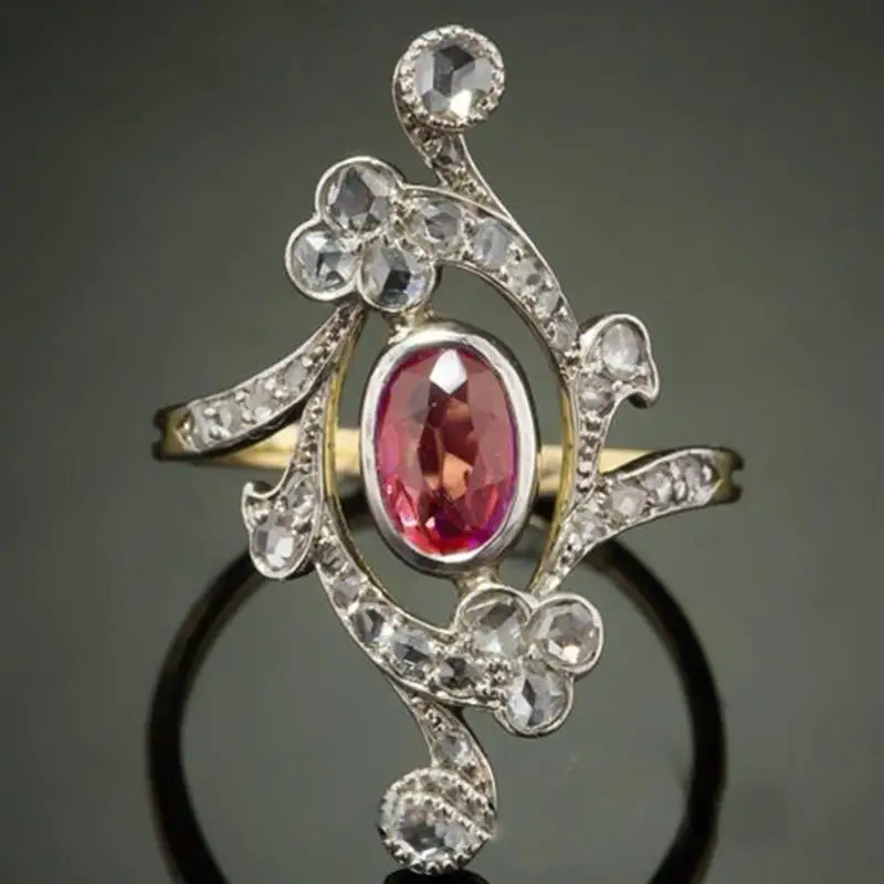 Huitan Special Shaped Women Two Tone Ring Hollow Inlaid Bright Oval Red CZ Elegant Party Lady Accessories Trendy Wedding Jewelry
