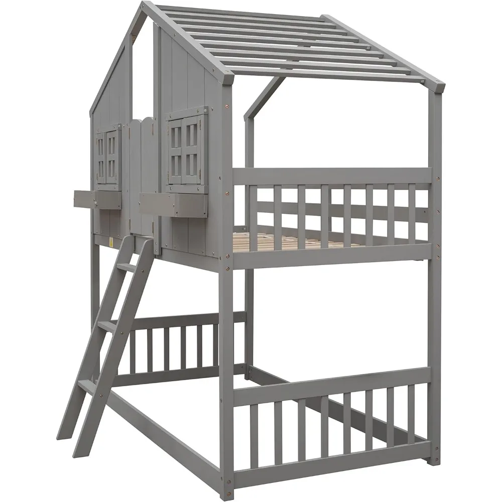 House Bunk Bed Twin Over Twin Wood Bunk Beds , Windows, Window Box and Small Door, Floor Bunk Beds with Ladder and Guard Rails image 4