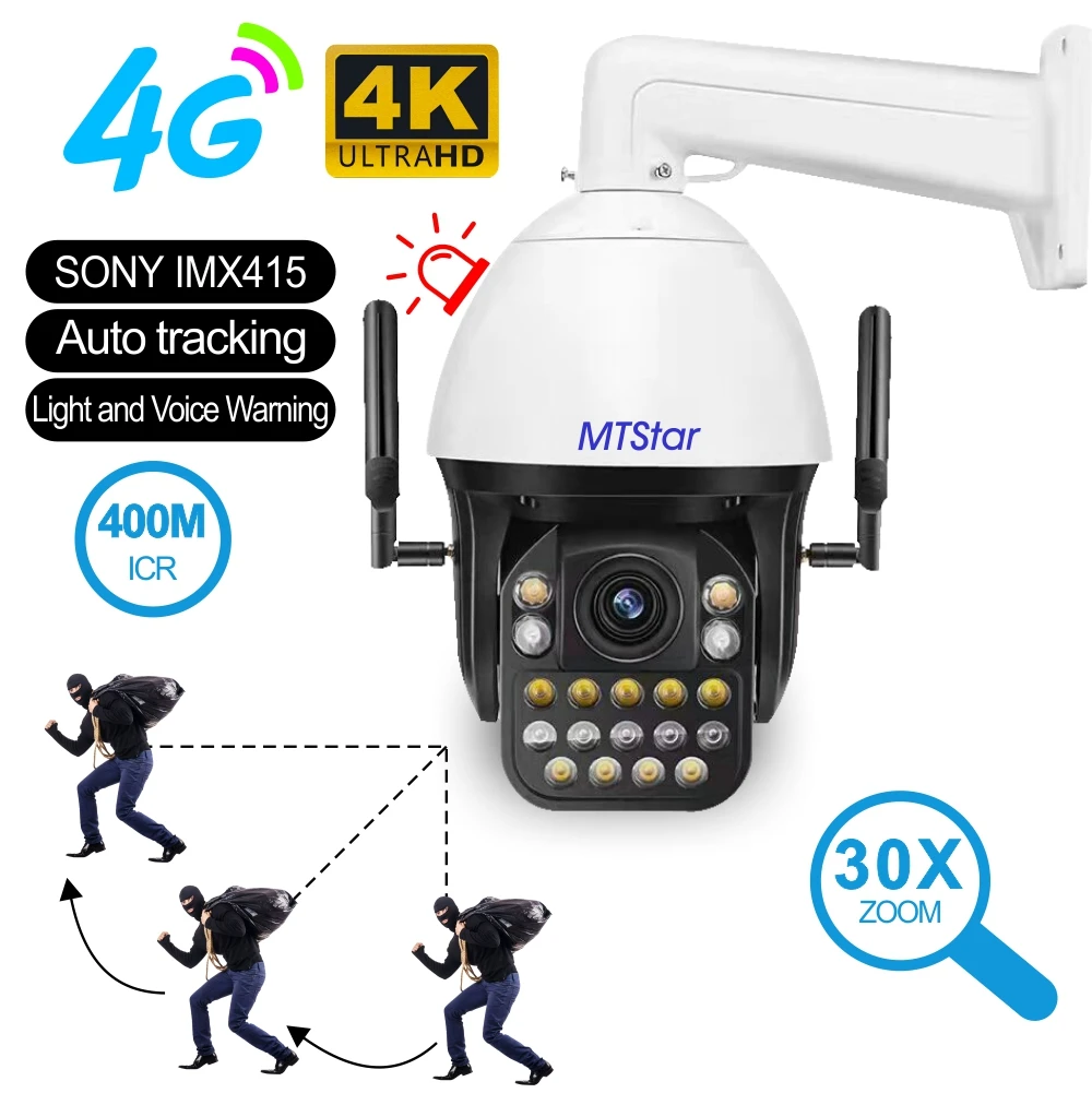 UHD 4k 8MP 4G SIM Wifi PTZ Camera Security Video Monitoring 30x zoom H.265 Ptz Cam IP Support ICR fulcolor Night Vision IR 400M