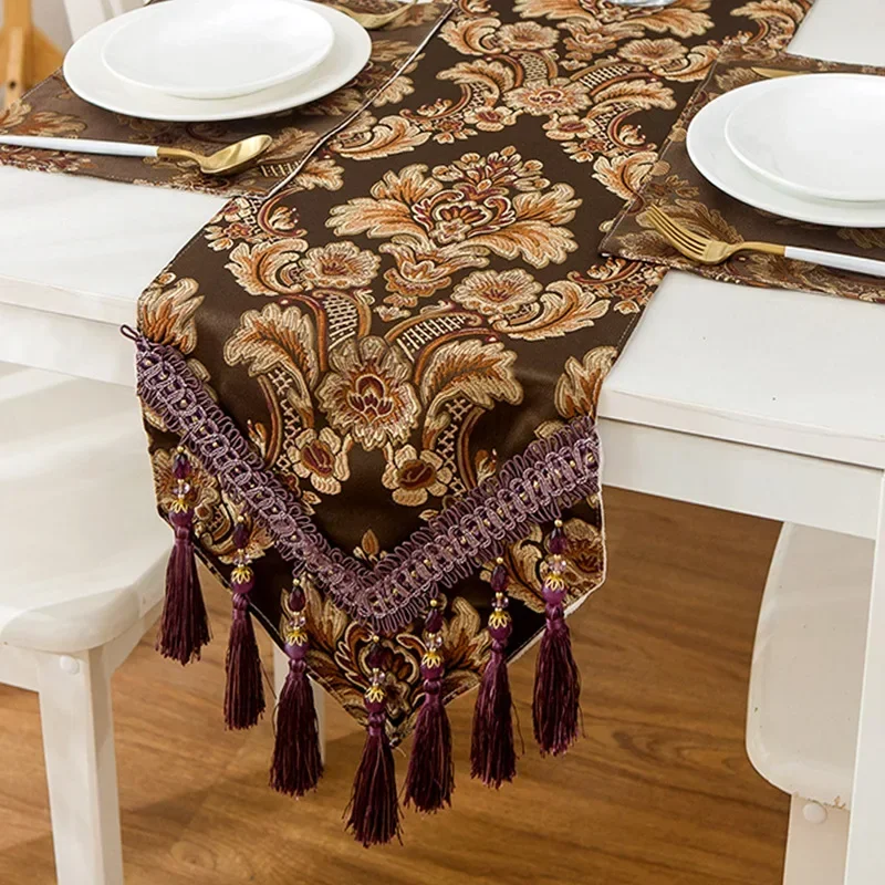 European Style Luxury Table Runner Chenille Light High-grade Jacquard Tassel Tea Runner Silicone Non-slip Bottom Table Runner