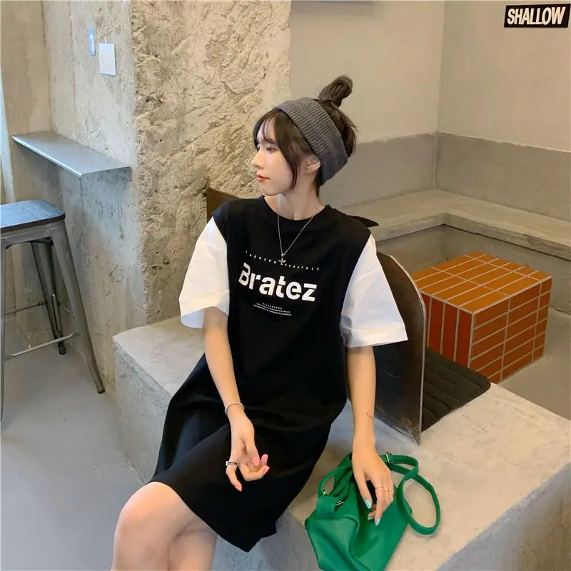 Oversized Women's Clothing Casual Korean Printing O-neck Short Sleeve Tshirt Dress Female Loose Letter Mid Length Top T-Shirt