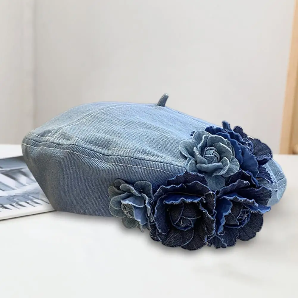 Cowboy Artist Hat Three-dimensional Flower Hat Stylish Denim Cowboy Hat with 3d Rose Decor for Women Adjustable Head for Wear