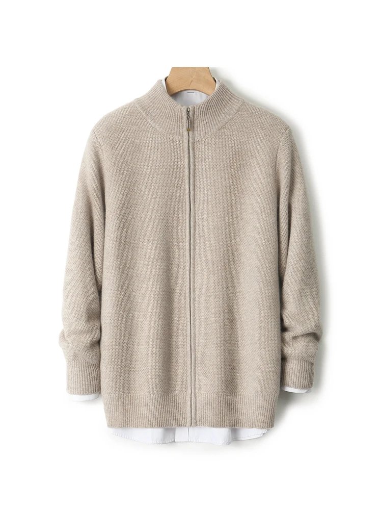 

Свитер из 100% мериносовой шерсти для мужчин, вязаный кардиган с воротником-стойкой, осень-зима, толстая одежда в рубчик, мягкий теплый повседневный деловой топ