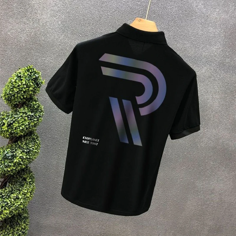 Man with Collar Tee Print Top Black Polo Shirts Heather T Shirt for Men High Quality Luxury Fashion Cool Polyester Stylish Hot