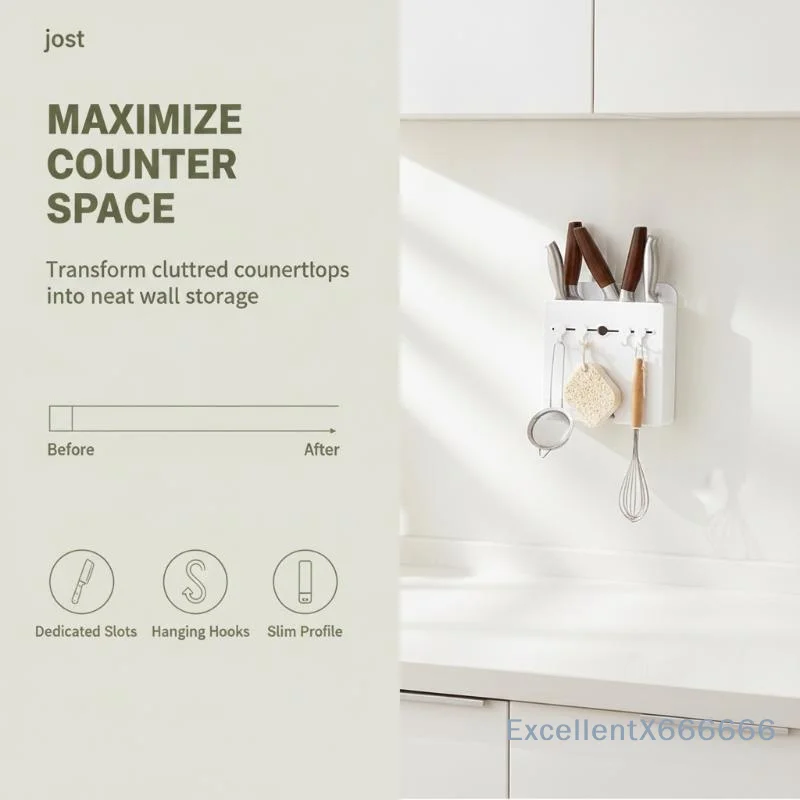 Wall Mount Knife Holder No Punch Damage Free Installation Multifunctional Kitchen Storage Rack with Hooks for Cutlery
