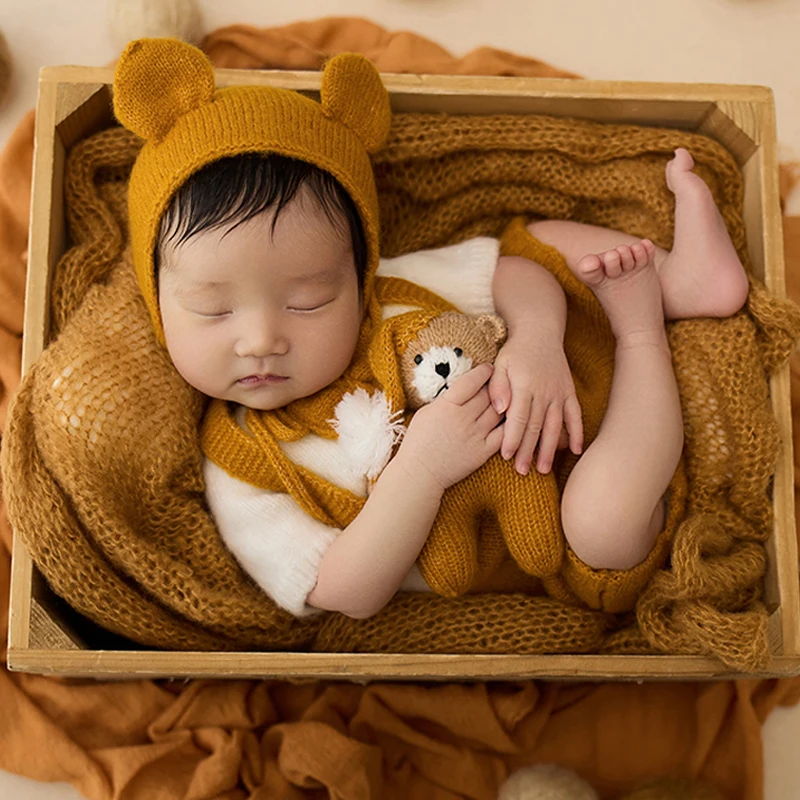 Newborn Photography Props Knitted Small Bear Photo Costume Crocheted Jumpsuit + Hat 2pcs/Set Studio Infant Cute Shotoing Costume