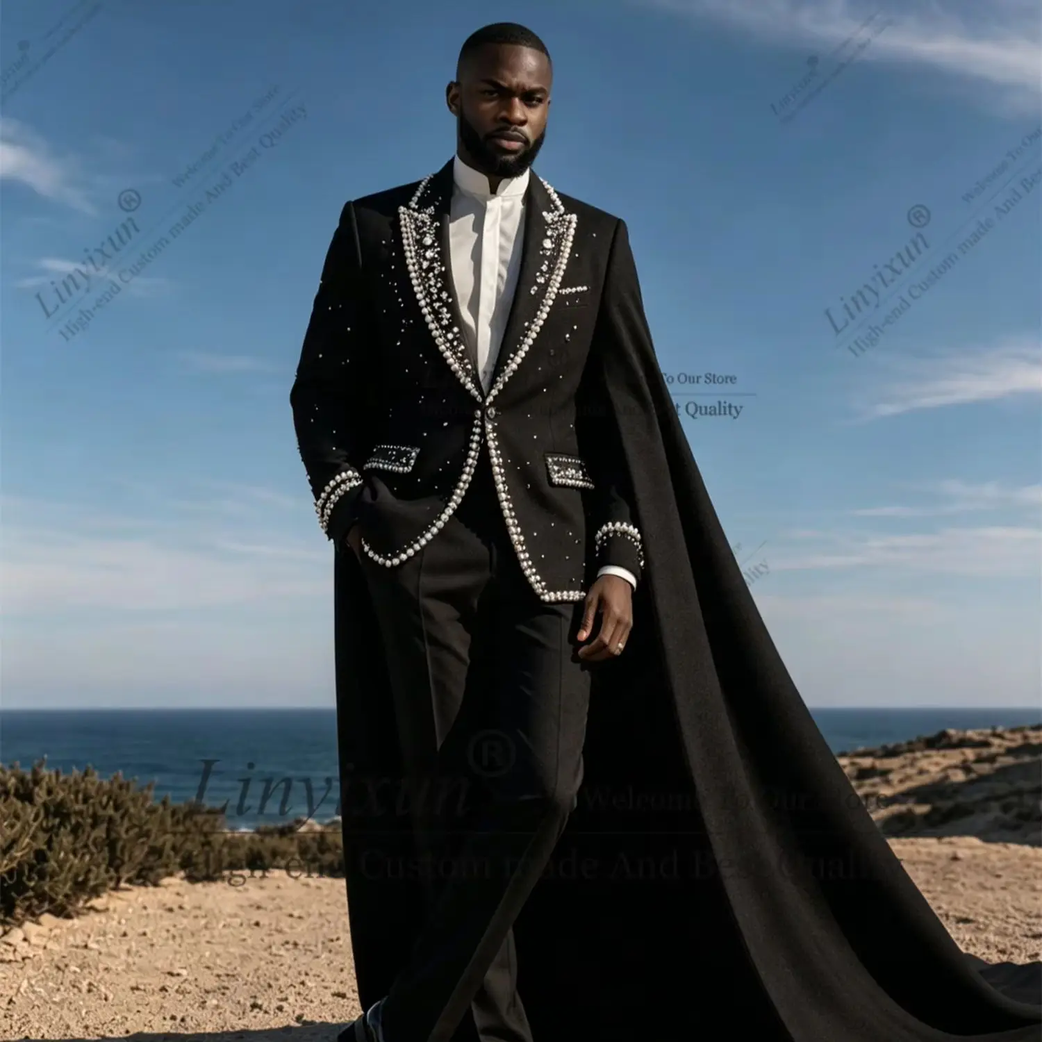 Elegant Man Shinny Beaded Tuxedo 2 Pieces Long shawl Wedding Groom Sets Peak Lapel Suit Set Latest design Performance  Plus Size