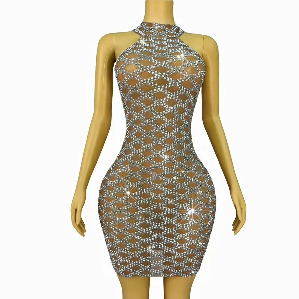 

Sparkly Silver Rhinestones Sexy Stage Nude Mesh Dress Women Cocktail Party Evening Elegant Gown Stage Performance Costume