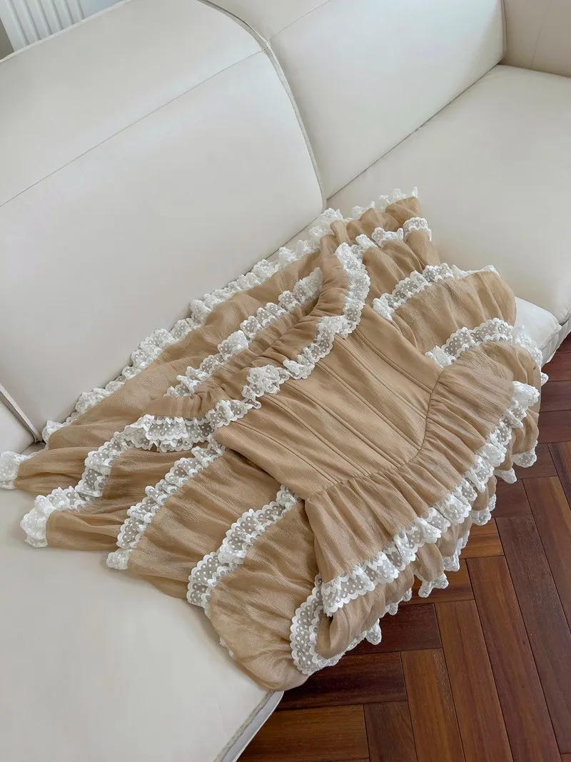 Lingzhi Wu French Elegant Long Dress Vintage Ladies Slash Neck Off The Shoulder Cake Vestidos Female Apricot Slim Waist Ruffles