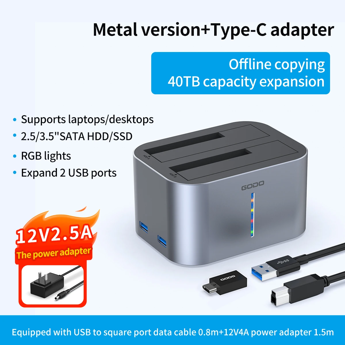 GODO USB 3.0 RGB 2.5 3.5 inch SATA HDD SSD Hard Drive Dock Aluminum External Hard Drive Docking Station Case Offline Copying