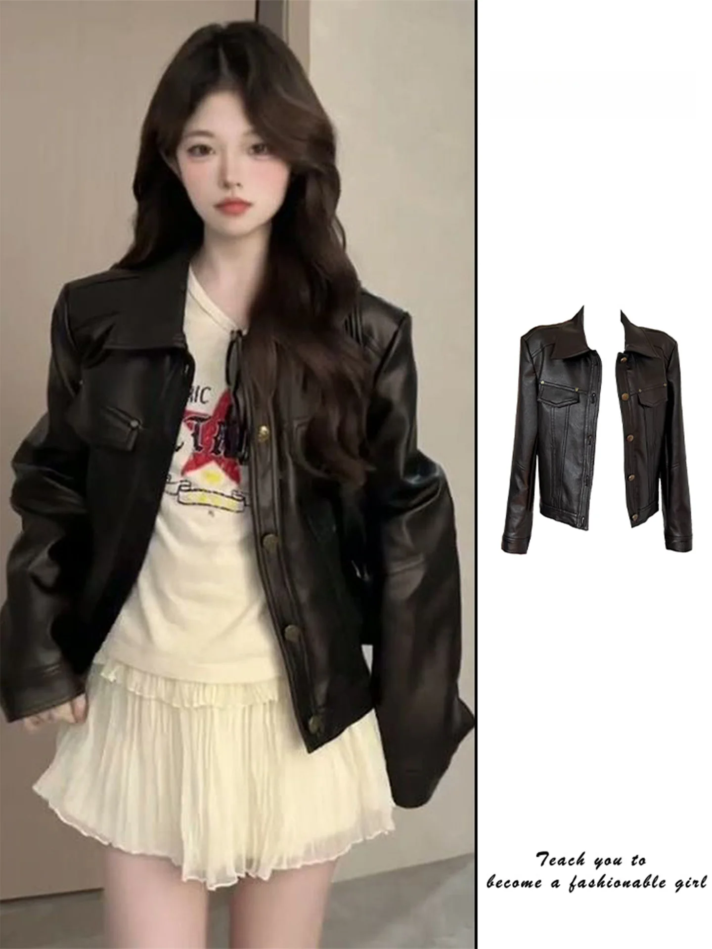 

Кожаная куртка-косуха средней длины с воротником и заклепками для женщин, повседневная, для осеннего сезона