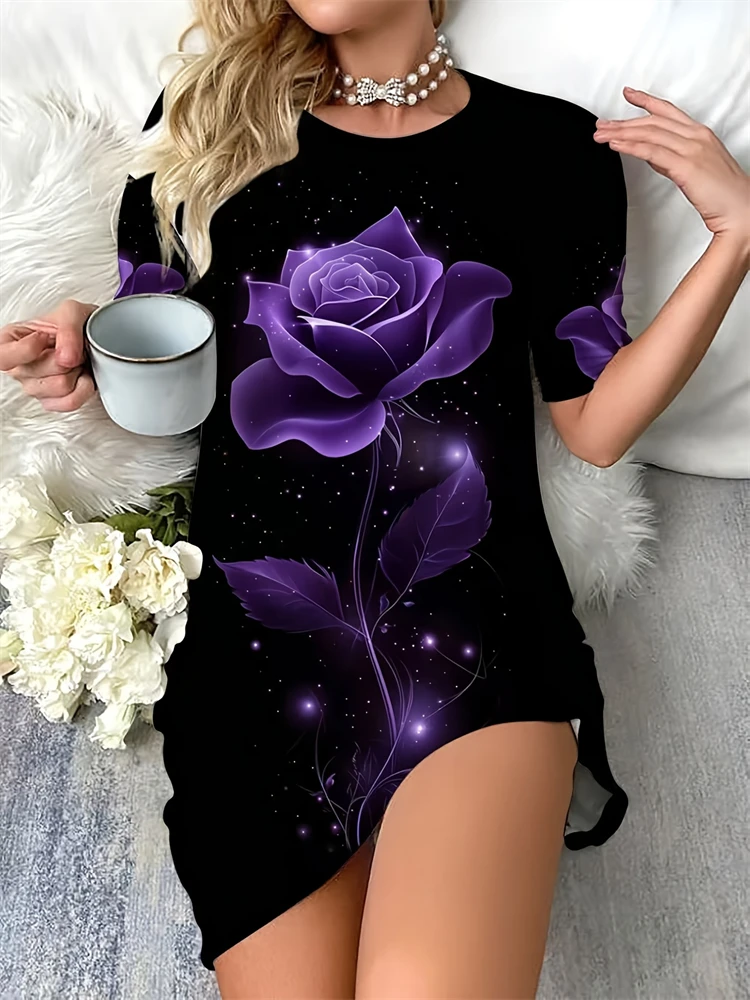 New Summer Women's Casual Sleep Dress with Colorful Butterfly Print Elegant Loose-Fitting Soft Short-Sleeve Sleep Dress