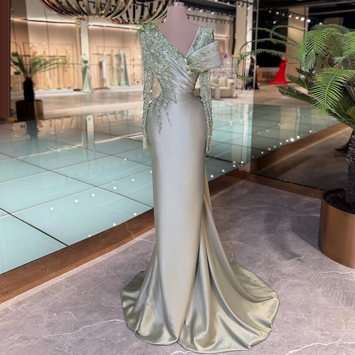 

V-Neck Evening Gown With Beaded Sequin Lace Sleeves Crystal Feather Satin Mermaid Dress Elegant Party Dresses