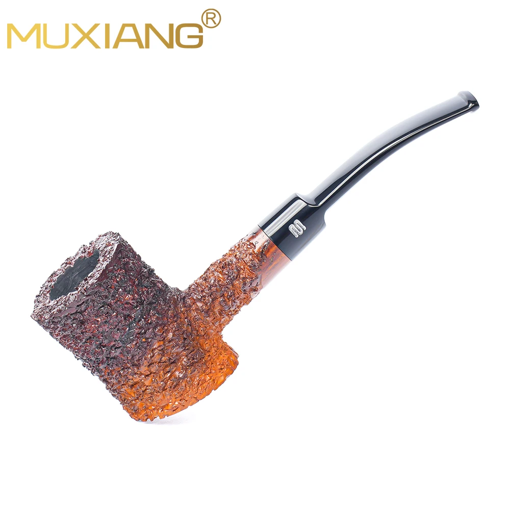 MUXIANG Two-tone Gradient Carved Poker Pattern Briar Wood Hammer Tobacco Pipe Straight Saddle Stem with 9mm Filter