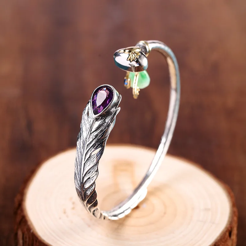 

Uglyless Designer Peacock Bangles for Women Exotic Silver Feather Bangles Water Drop Purple Crystal Bangle 925 Silver Jewelry