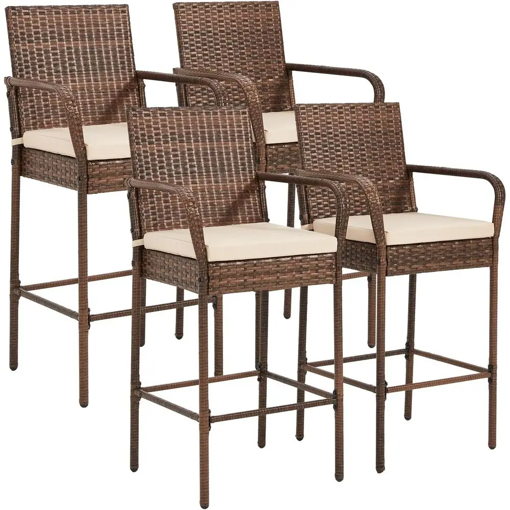 

Комплект из 4 уличных барных стульев из ротанга с подушками, устойчивые к непогоде плетеные стулья для патио, двора, бассейна, сада - коричневые