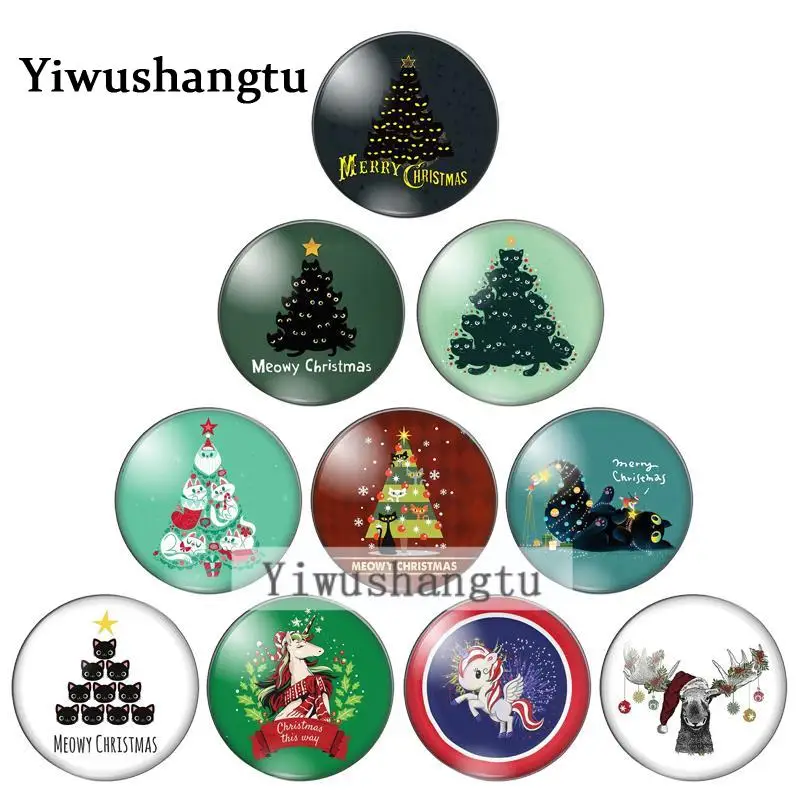 Cartoon cute christmas cat painting 12mm/20mm/25mm/30mm Round photo glass cabochon demo flat back Making findings