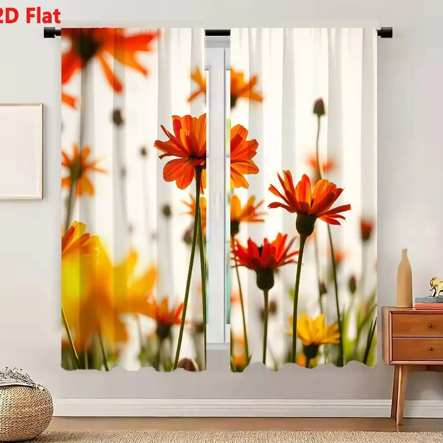 2Pcs Curtains 2D Flat Vibrant Orange Yellow Cosmos Flowers In Golden Light Against Soft Sky Window Drapes for Bedroom Room Decor
