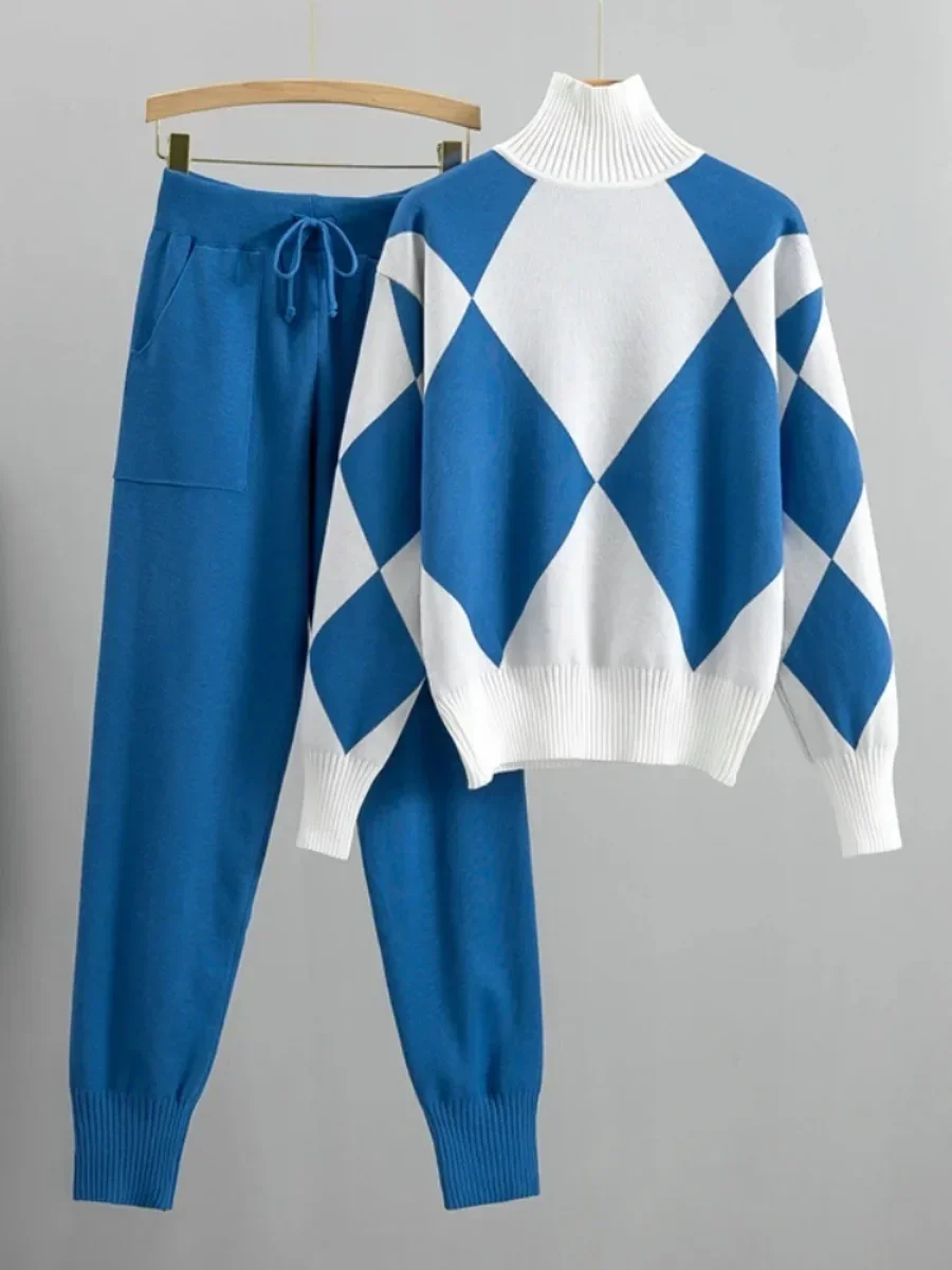 Women Knit Sweater Autumn Winter Two Piece Set Pant Sets Matching Sets Splice Trousers Thick Pants Pullover Mom Elegant Work
