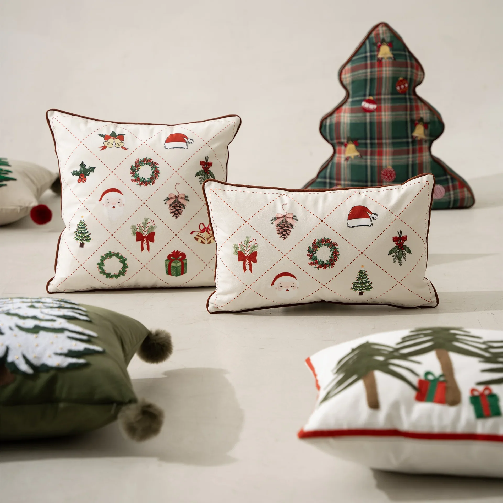 Christmas Decoration Pillow Cover White Embroidered Santa Tree Snowflakes Nutcracker Cushion Cover For Sofa Bed Chair Soft Cozy