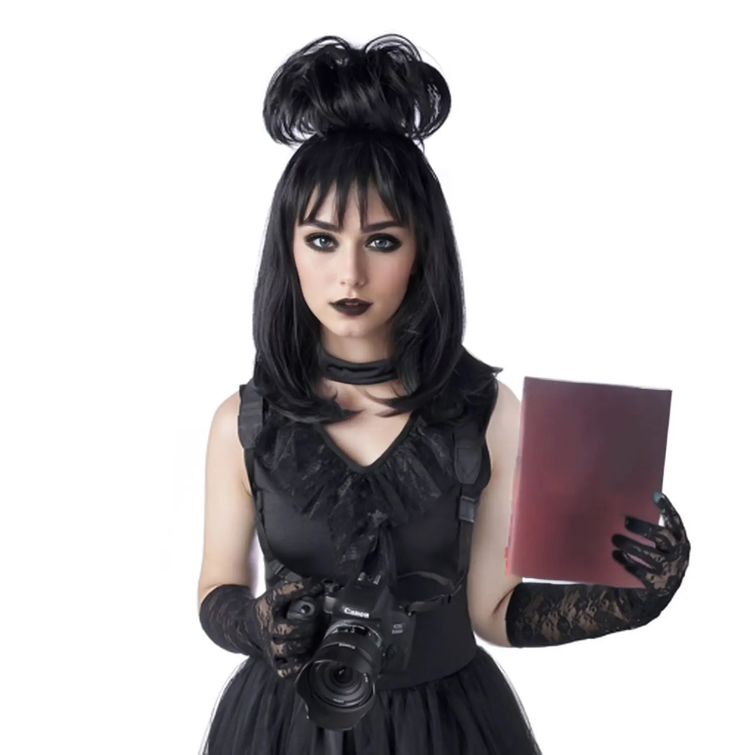 شعر مستعار Lydia Deetz-Black تأثيري الاصطناعية مع كعكة ، شعر مستعار للعروس للنساء ، أزياء هالوين